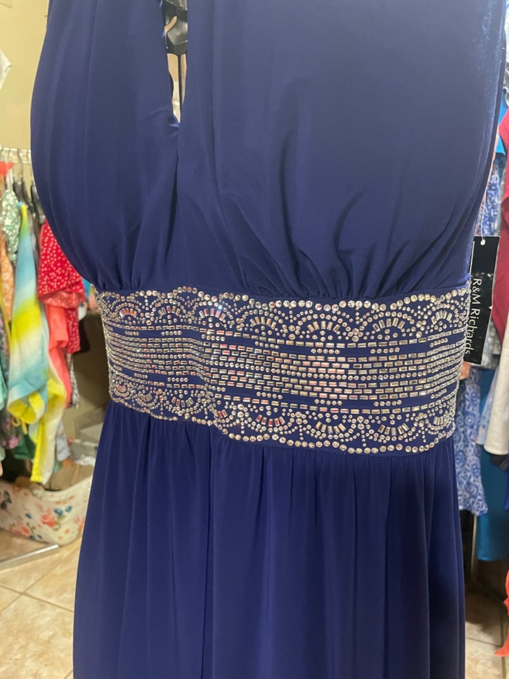 R&M Richards Navy Halter Evening Gown with Beaded Waist - Picture 2 of 4